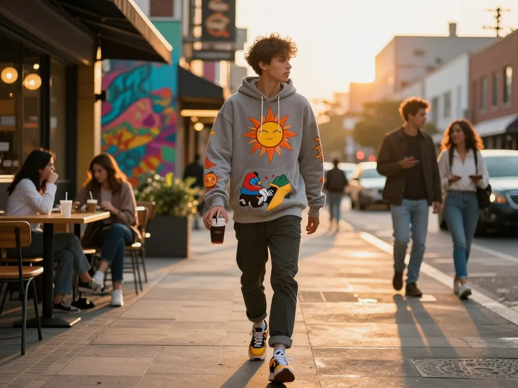 Stylish individual in sunwin hoodie walking through urban street at sunset.