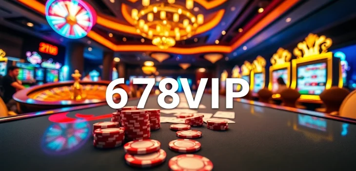Engaging experience at 678VIP casino with poker chips and cards on a vibrant gaming table.