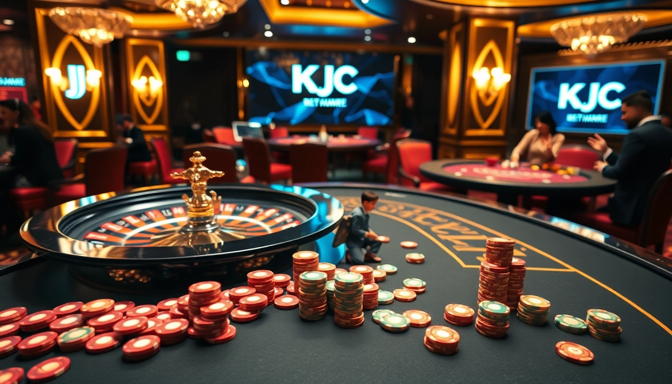 KJC members enjoying a thrilling experience at a luxurious casino with poker chips and roulette.