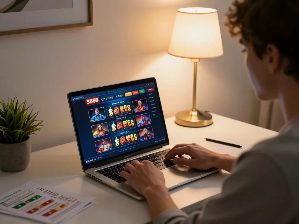 Engaged player at https://s666hn.com/ laptop enjoying an immersive online gambling experience.