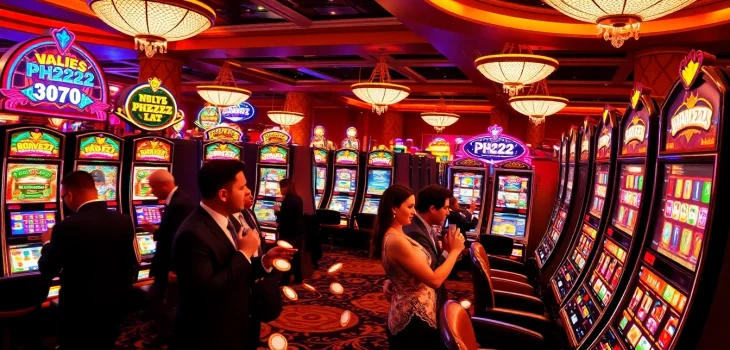 Excited players enjoying PH222 slot machines in a luxurious casino setting.