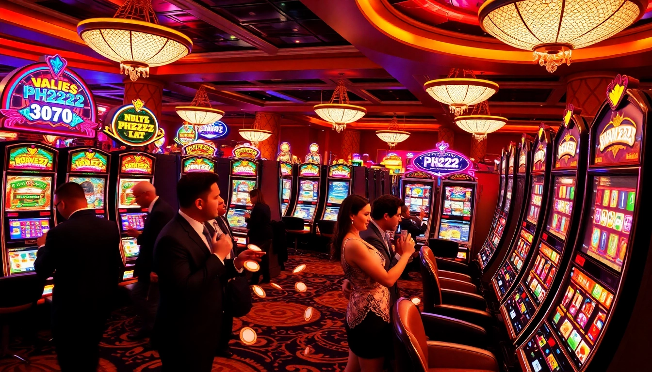 Excited players enjoying PH222 slot machines in a luxurious casino setting.