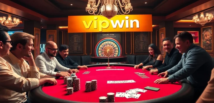 Experience the excitement of vipwin at a luxurious poker table surrounded by eager players and vibrant chips.