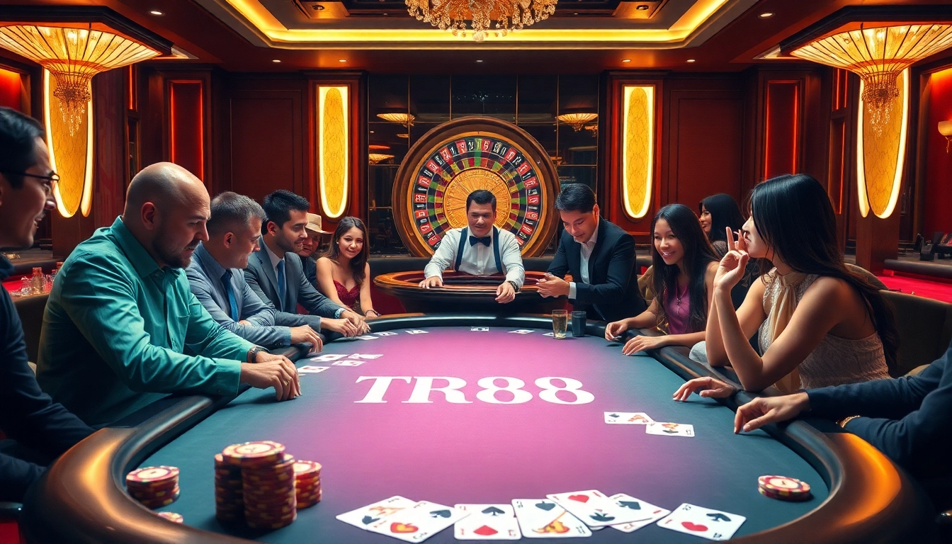 Experience the thrill of TR88 at a luxurious casino poker table surrounded by excited players and vibrant ambiance.