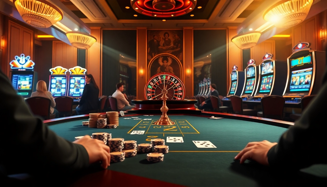 Experience excitement at https://zx88.live/ featuring a vibrant casino scene with poker and slot games.