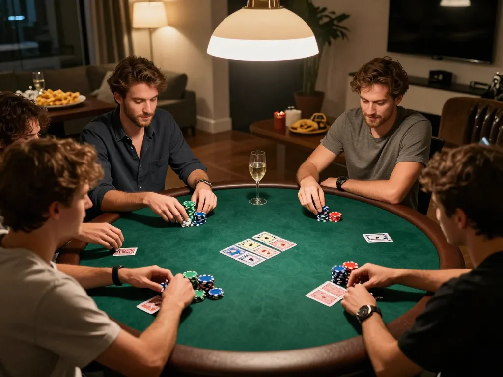 Players enjoy Game bài đổi thưởng in a lively home poker night surrounded by chips and cards.
