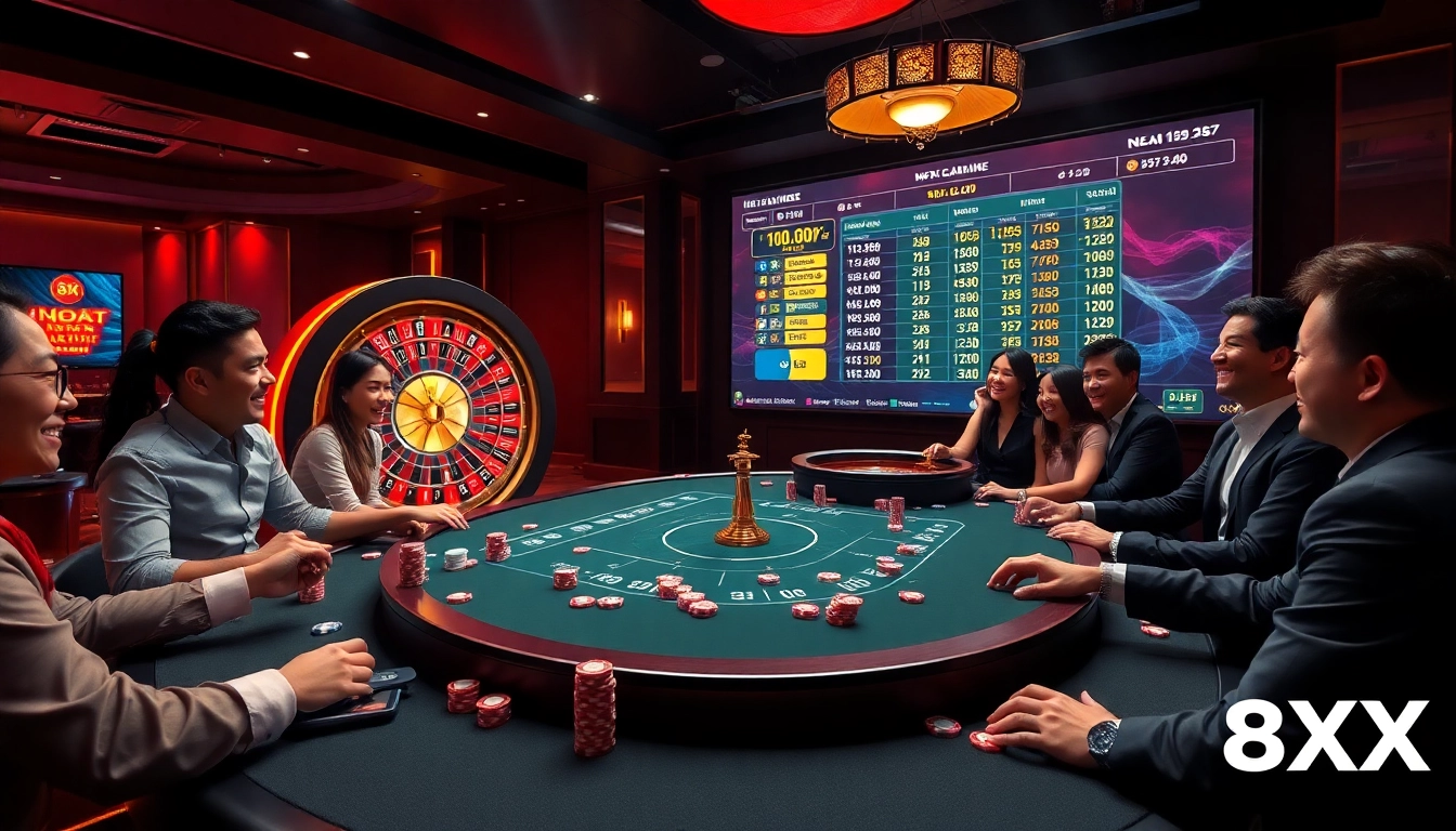 Gambling excitement at nhà cái 8XX with vibrant casino scene featuring modern gaming table.