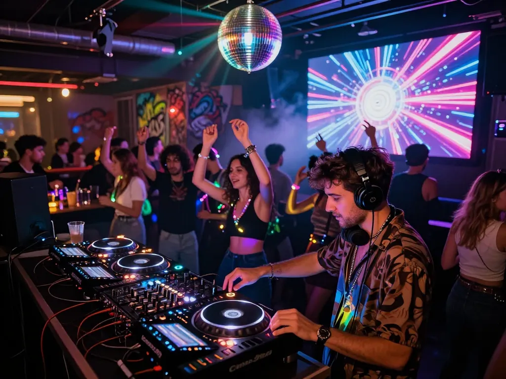 8Day electronic music DJ performing at vibrant nightclub with energetic crowd and colorful lights.