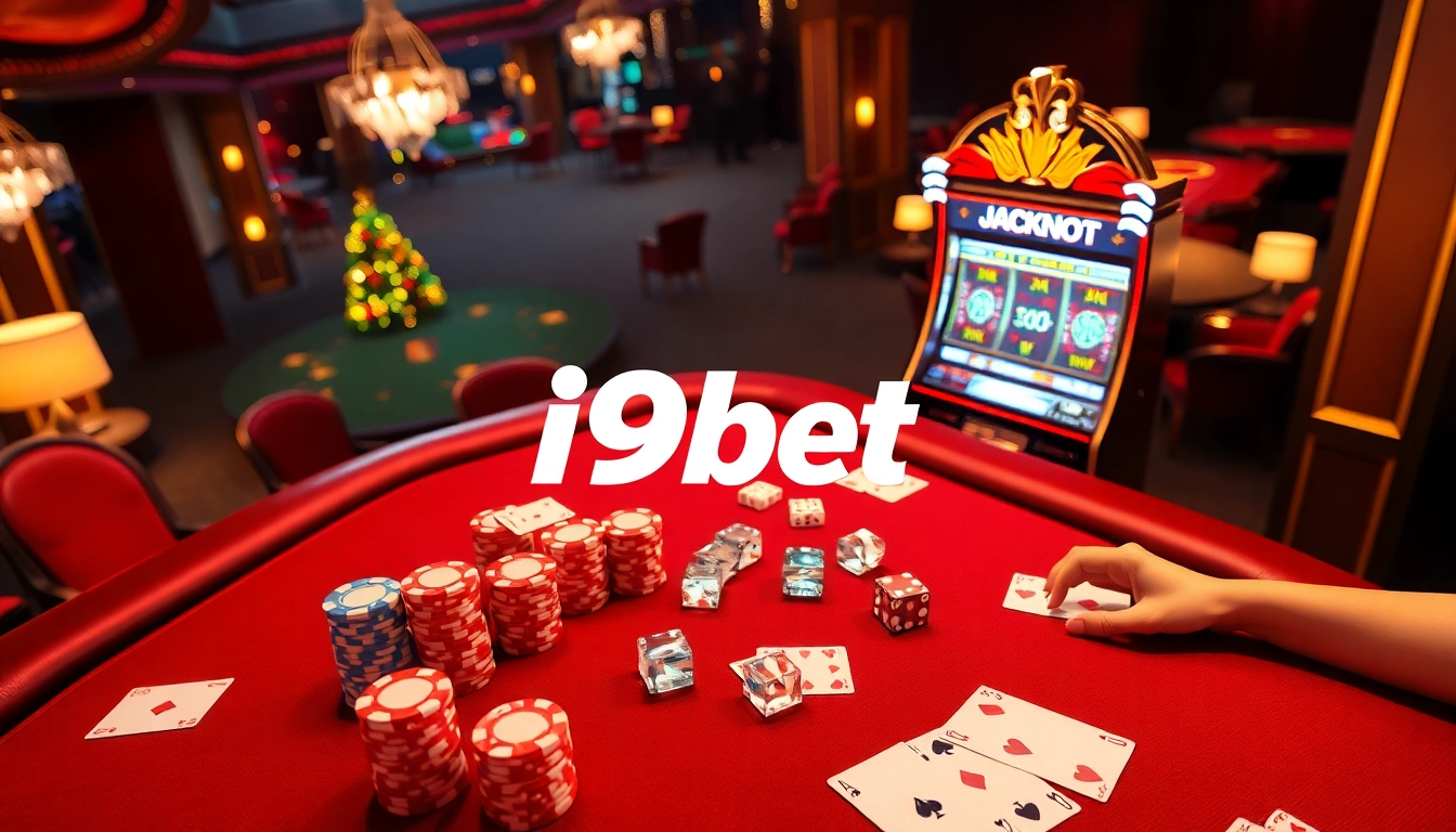 i9bet players engaging with vibrant casino tables and exciting slot machines.