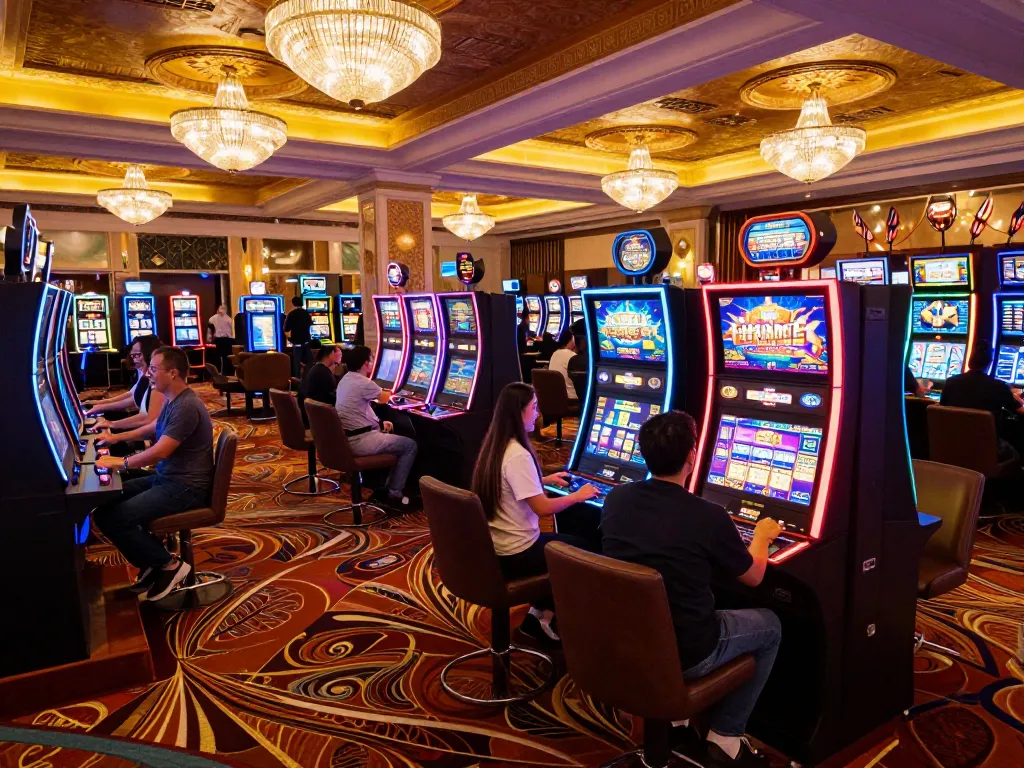 rr 88 players excitedly engaging with vibrant slot machines in luxurious casino