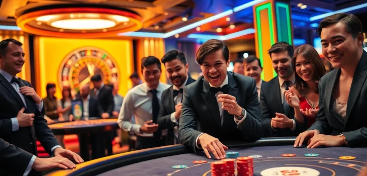 KP88 players enjoying a thrilling poker game at a luxurious casino table.