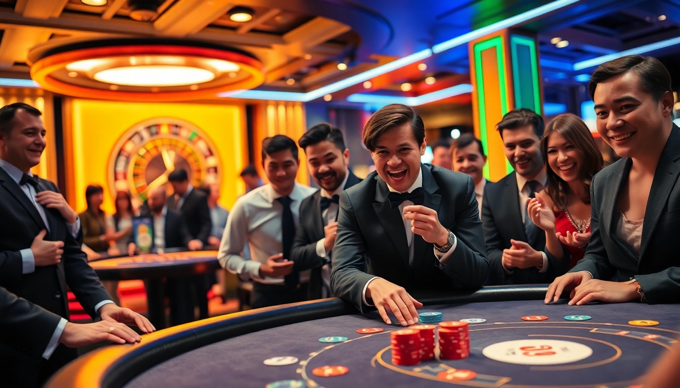 KP88 players enjoying a thrilling poker game at a luxurious casino table.