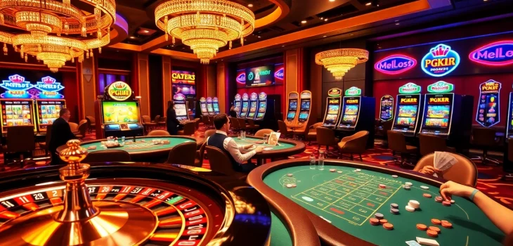 Exciting scene of gamers placing bets at PG88 casino with vibrant roulette and poker tables.