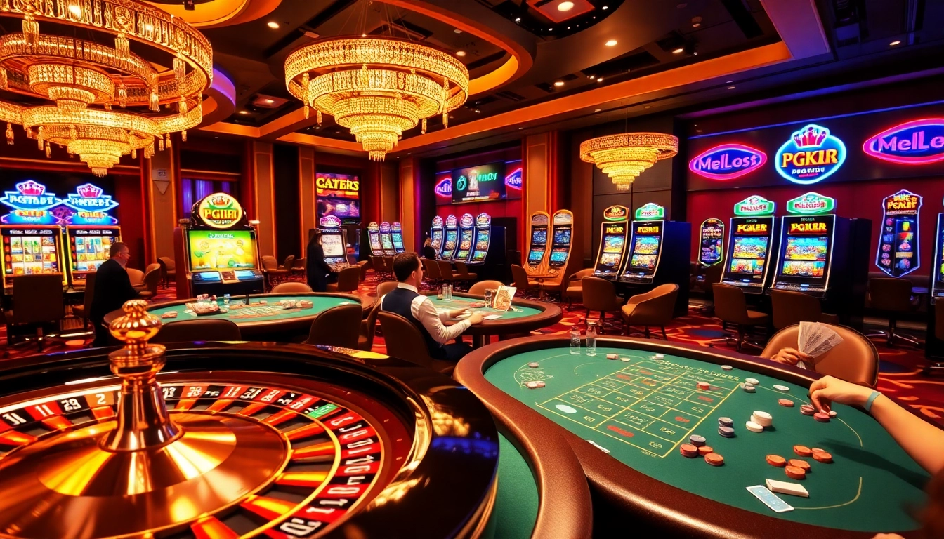 Exciting scene of gamers placing bets at PG88 casino with vibrant roulette and poker tables.