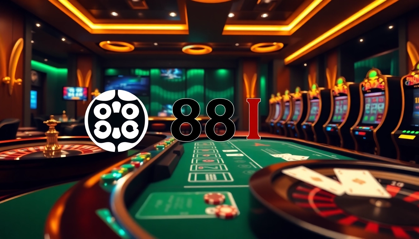 Experience the excitement of 88I's online casino environment with vibrant gaming visuals including roulette, cards, and chips.