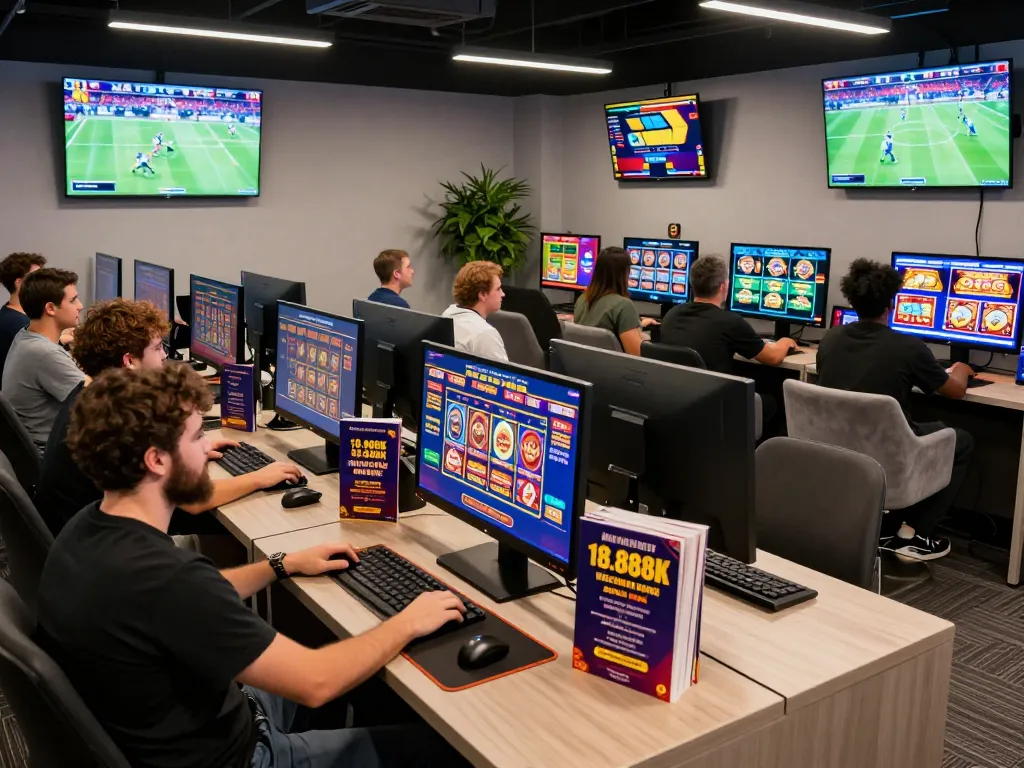 Dynamic gaming lounge at https://go8.center/ showcasing players engaging in online gambling with vibrant screens and promotional materials.