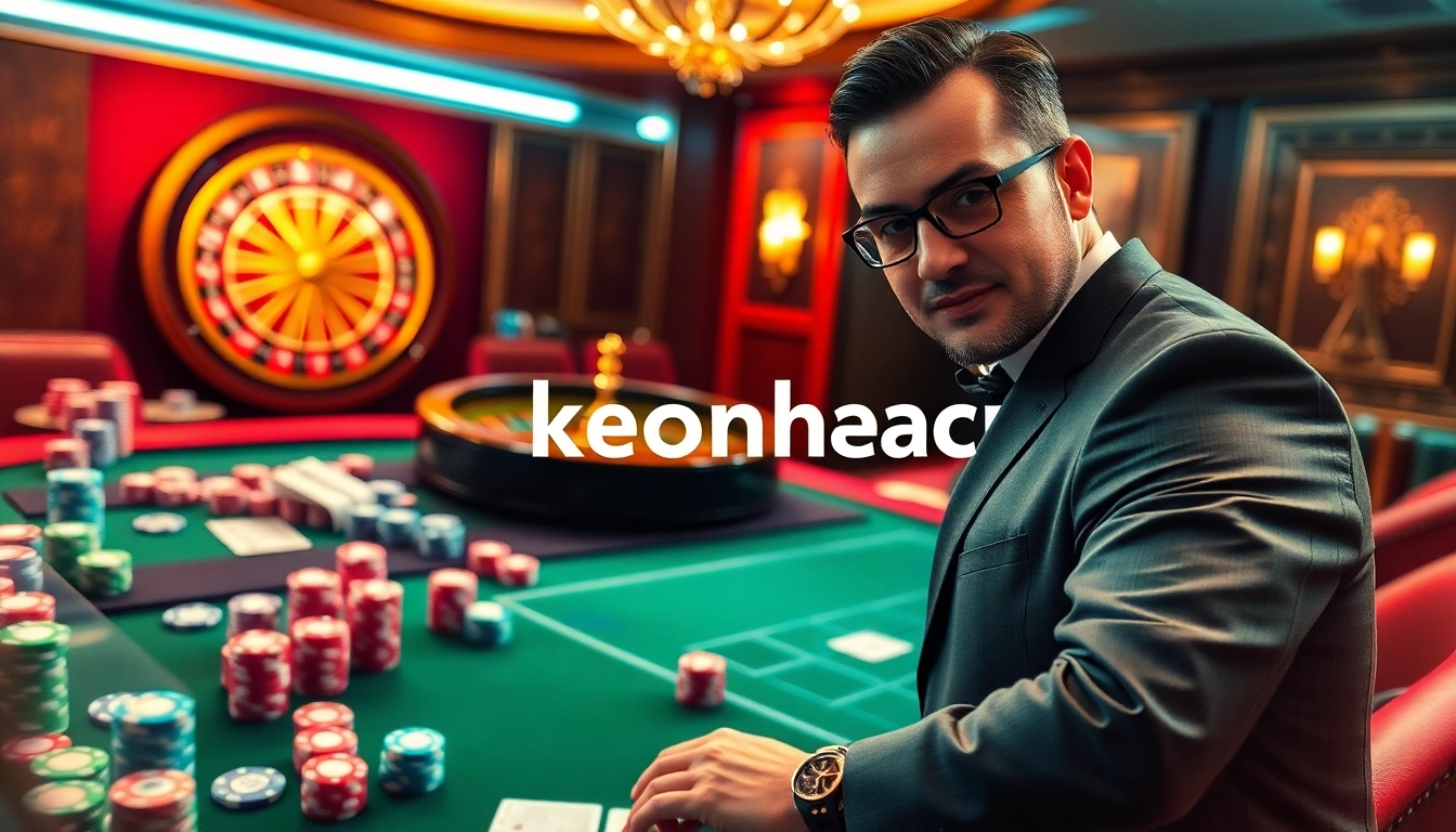 Engage in thrilling keonhacai betting at an elegant casino, highlighting poker chips and a vibrant roulette wheel.