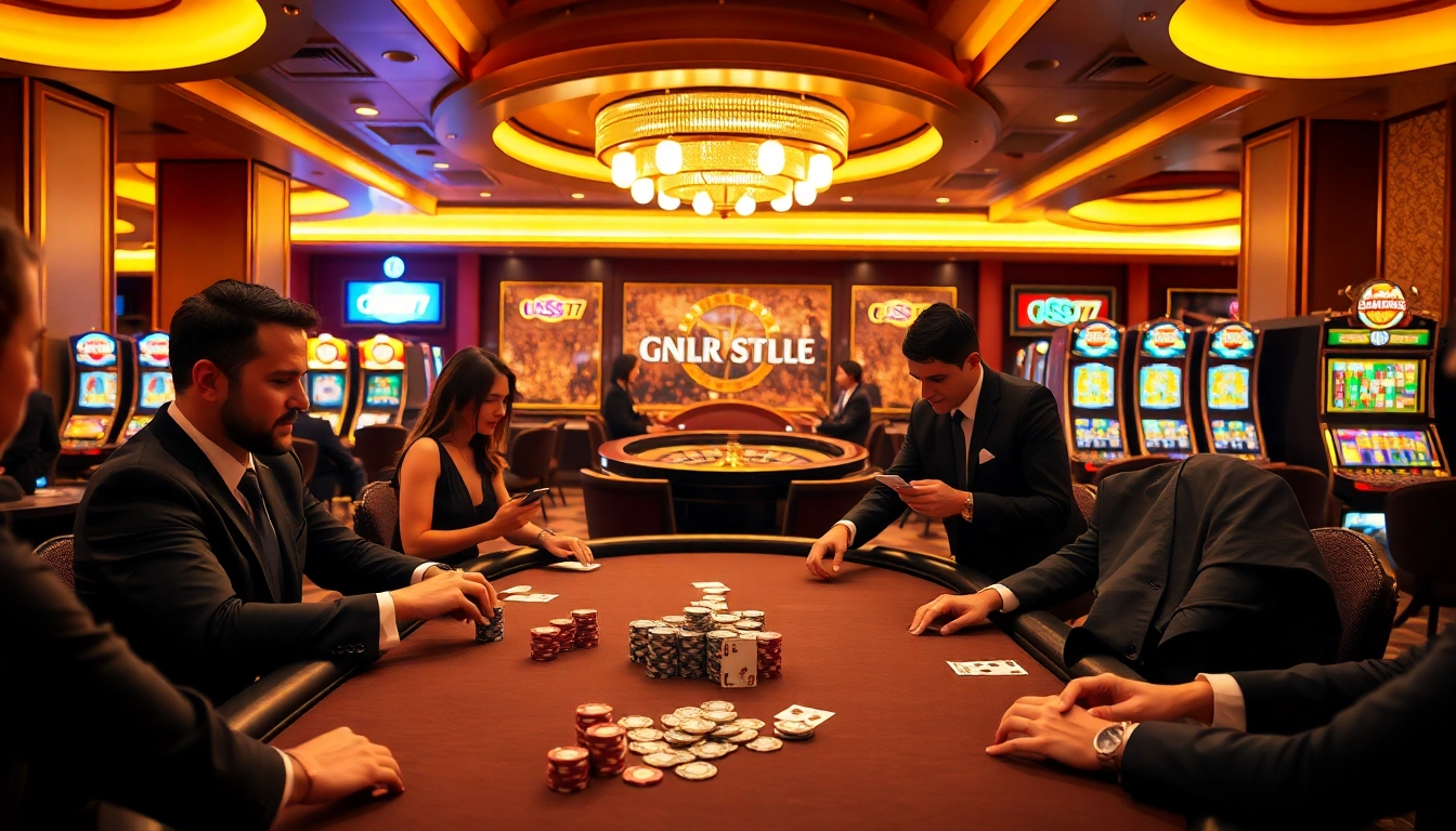 Players enjoying a strategic game at a jss77 poker table in a luxurious casino setting.