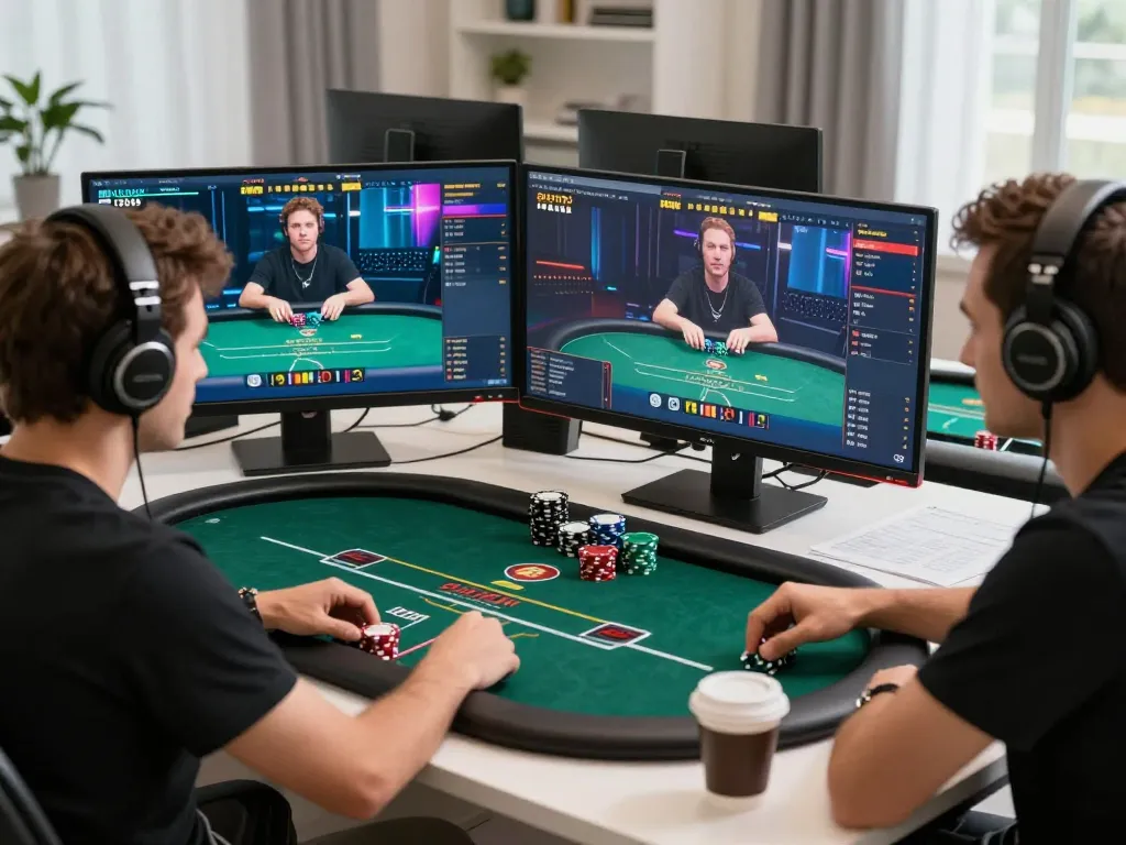 Engaging in an online poker game on multiple screens showcasing sunwin's strategic betting methods.