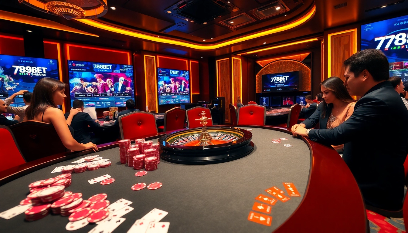 Players enjoying a thrilling game at 789BET's luxurious casino table with poker chips and cards.