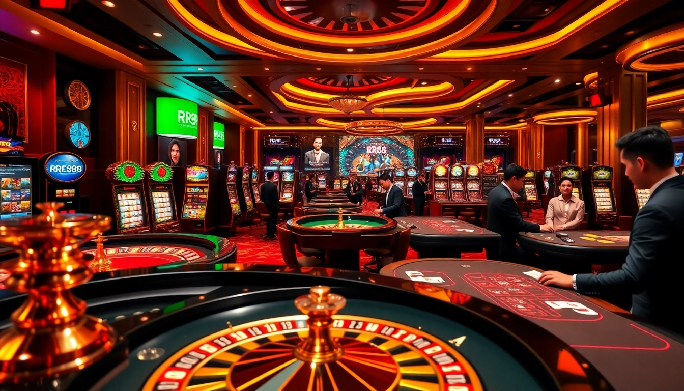 Experience high-stakes gaming at RR88, featuring roulette, poker, and colorful slot machines.