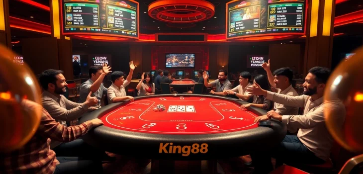 Players celebrating at the King88 casino table, engaging in an exciting game with chips and dice.