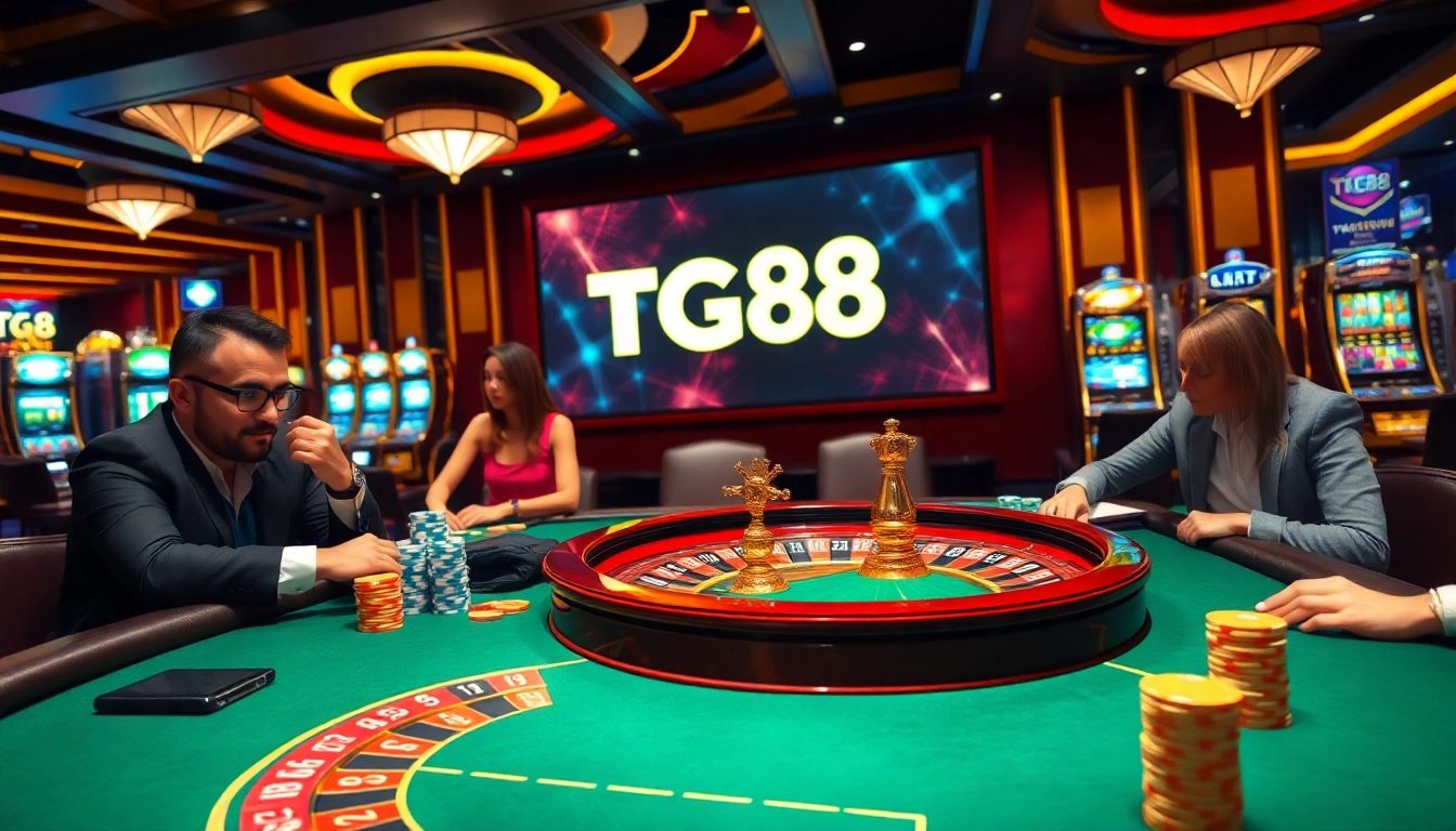 Players enjoy an exciting game at the TG88 poker table in a luxurious casino atmosphere.