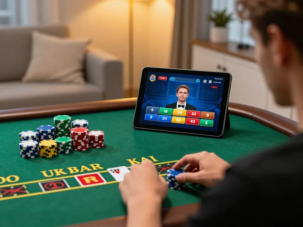 Gambling at https://gg88.cn.com/, a player engaged in blackjack with colorful chips in a vibrant online casino setting.