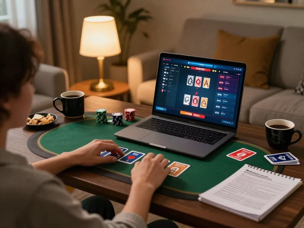 Engaged player using https://go8.agency/ for competitive online poker session at home with strategic notes.