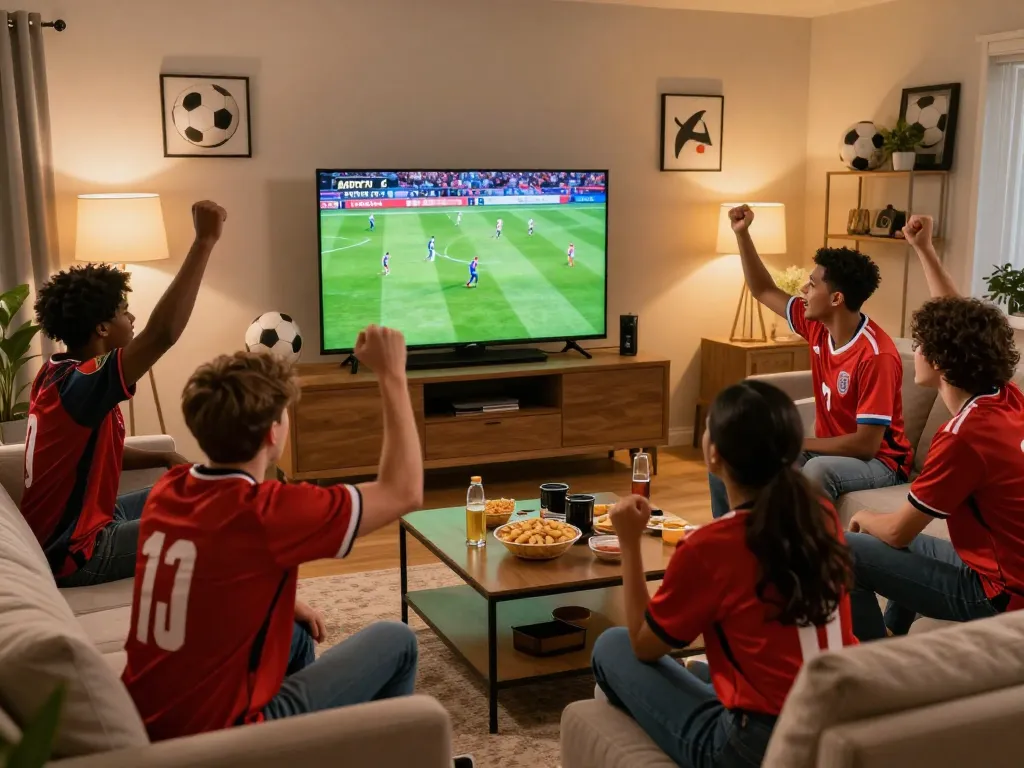 CakhiaTV live streaming football match in 4K, friends cheering enthusiastically in cozy living room.