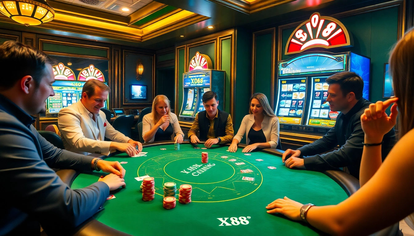 X88 poker game scene featuring players, chips, and dealer in a luxurious casino.