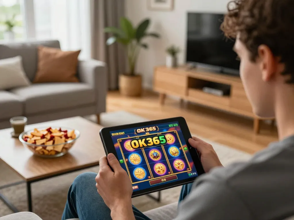 Player enjoying online slots at OK365 in a cozy home setting, showcasing relaxed gaming atmosphere.