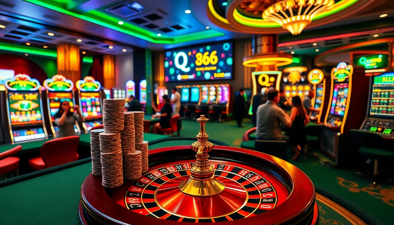 Players engage in a thrilling QQ88 online casino game with vibrant tables and roulette wheel.