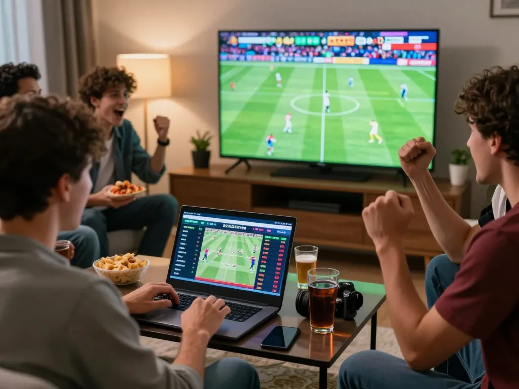 Exciting scene of bettors analyzing 1gom live football match with laptops and snacks.