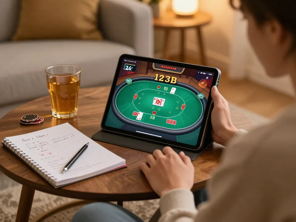 Engaging in online poker gameplay on 123B platform, with notes and drinks enhancing user experience.