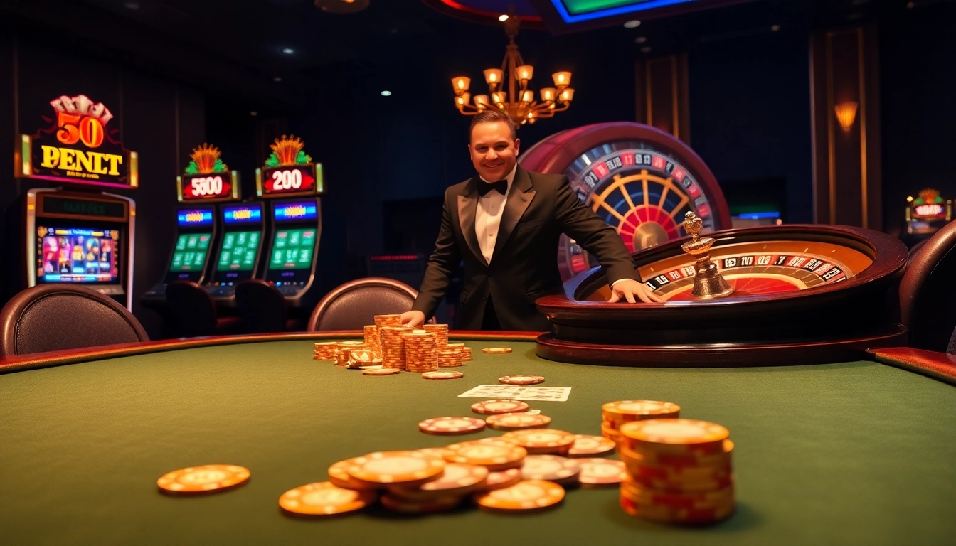 Engage with lu88bb.com through a vibrant casino scene featuring a high-stakes poker table and roulette wheel.