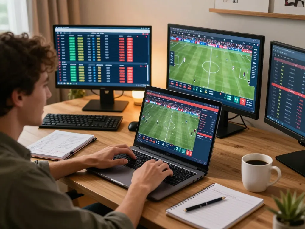 Soi Kèo sports betting scene with engaged user analyzing odds on laptop at home.