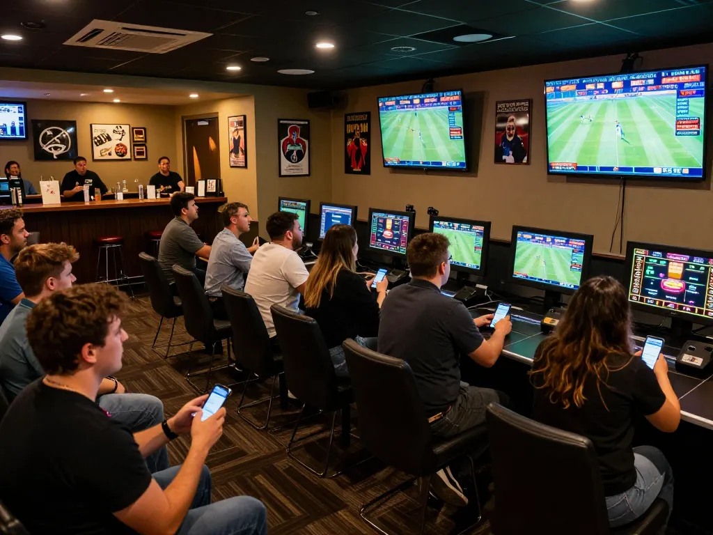 Engaged bettors at https://3win.blue/ sports betting lounge actively placing bets on live events and discussing strategies.