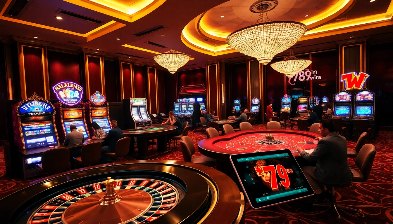 Experience the thrill of gaming at 789win with an engaging casino scene featuring tables and slot machines.
