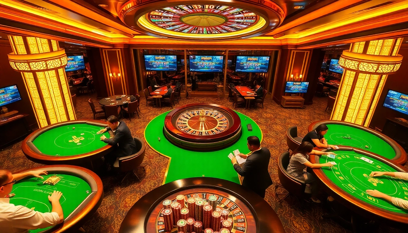 Tập đoàn okwin captivates players at an elegant casino, showcasing exciting blackjack and roulette games.
