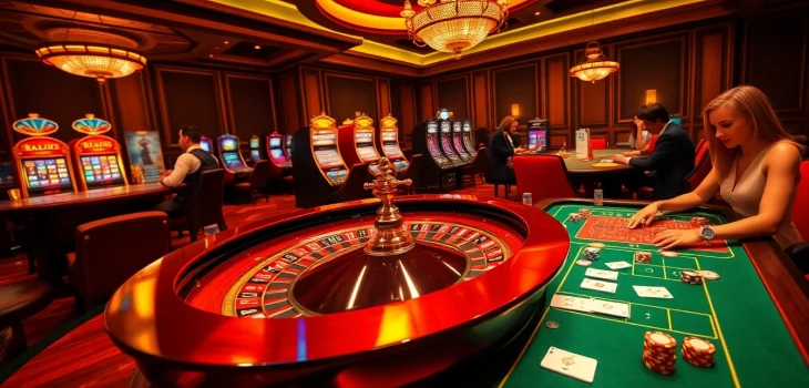 Players excitedly engage at the l444 betting table, showcasing lavish casino ambiance and high-stakes action.