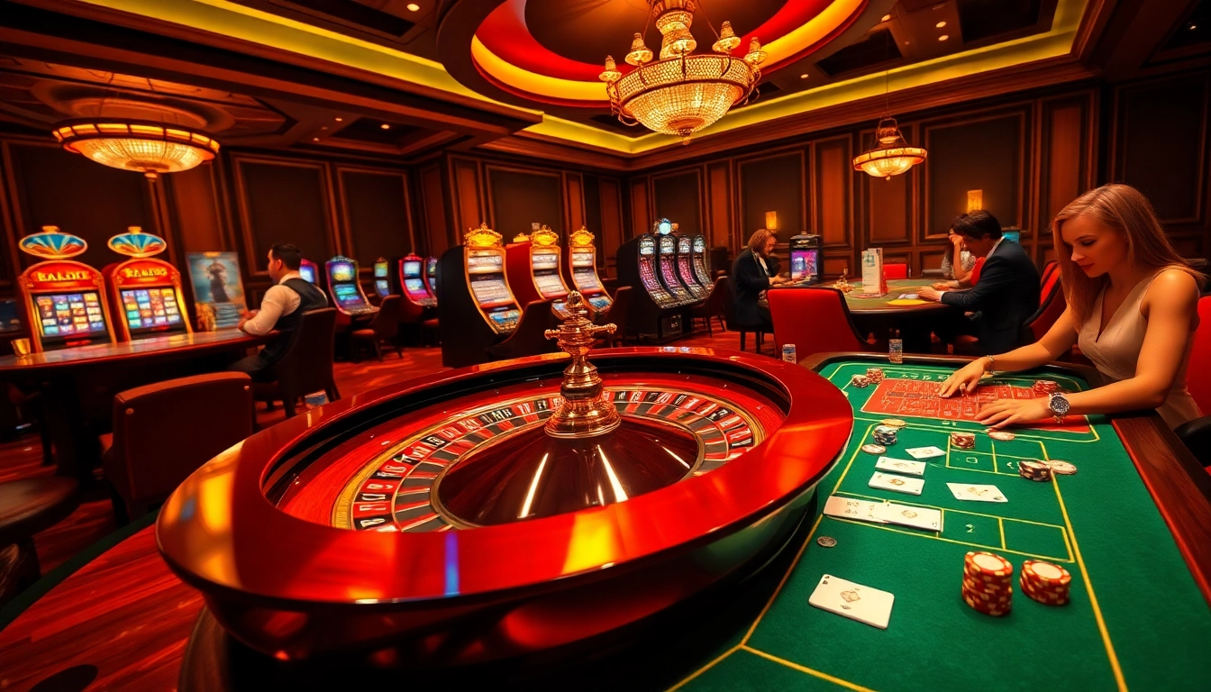 Players excitedly engage at the l444 betting table, showcasing lavish casino ambiance and high-stakes action.