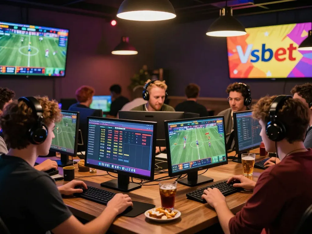 Excited players discussing sports events and strategies while engaging with Vsbet's online betting platform.