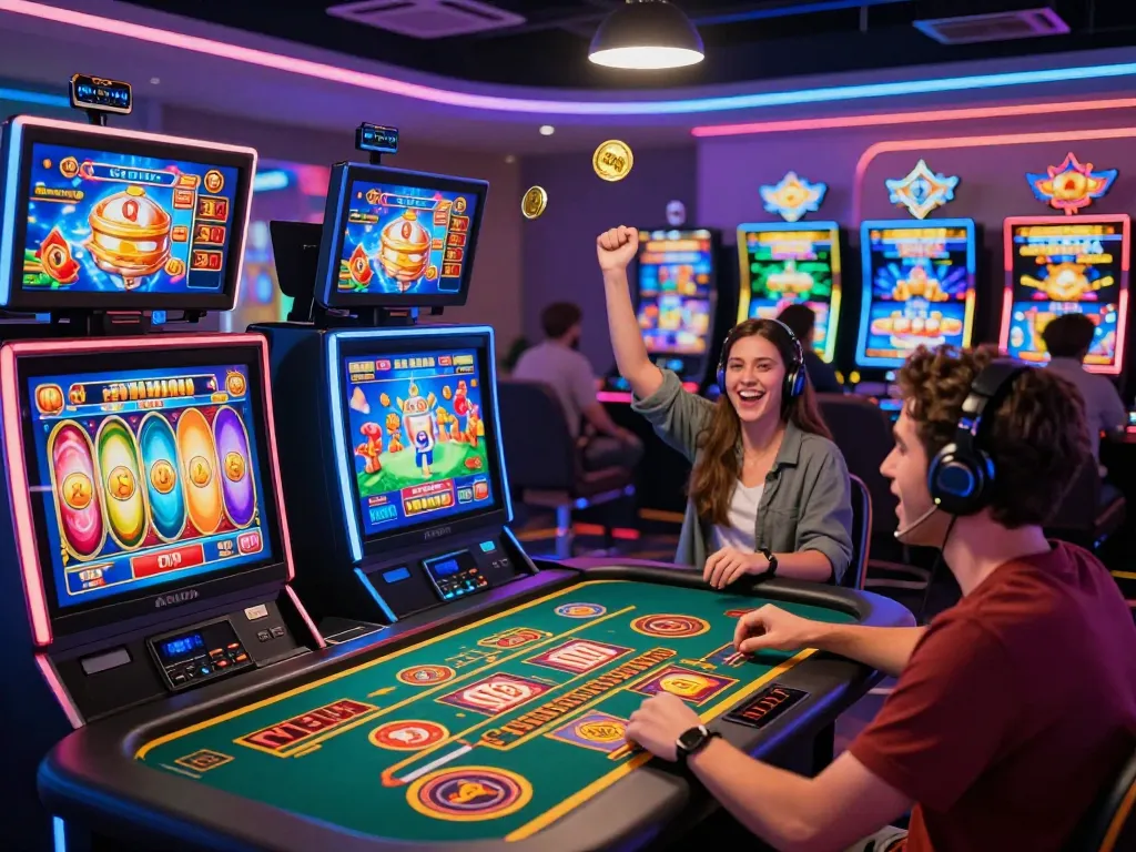 Excited players at https://max79.guru/ enjoying vibrant online gaming experiences with lively casino games and colorful graphics.