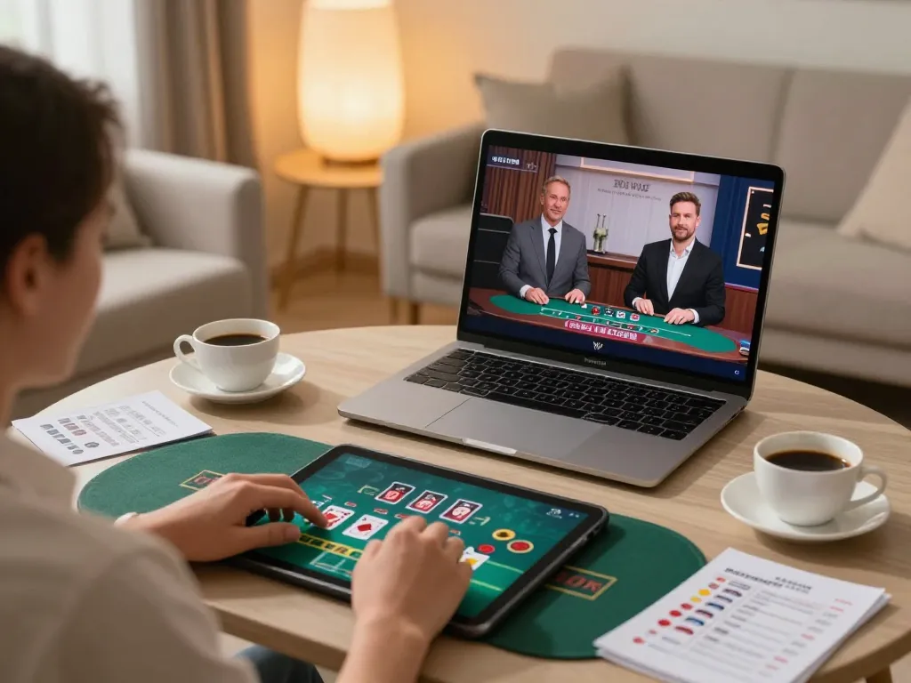 Engaging in live dealer blackjack on GO8 platform within a cozy home setting, showcasing dynamic online gambling experience.
