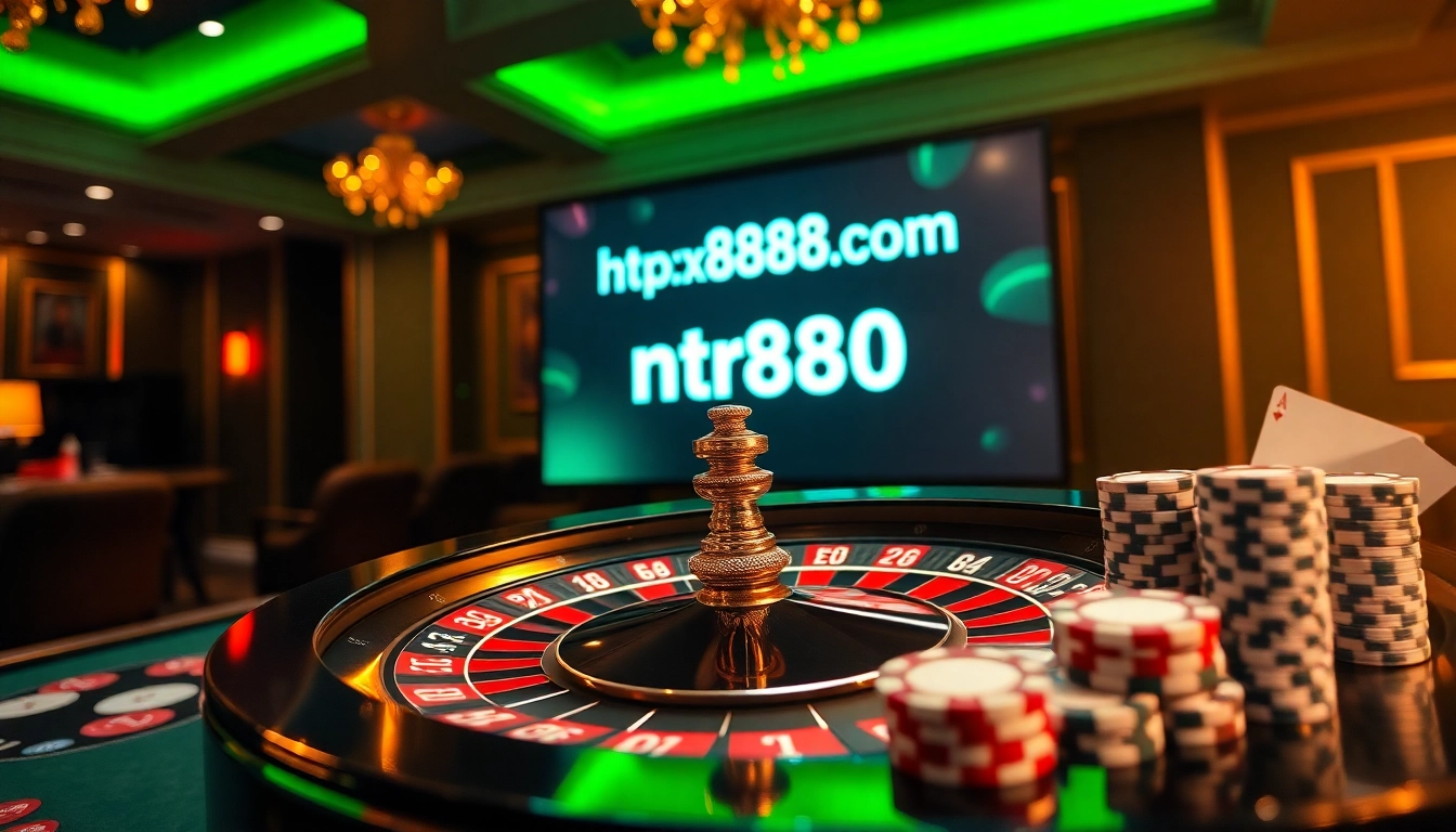 Experience excitement at https://mtr888.com/ with luxury casino chips and a vibrant roulette wheel.