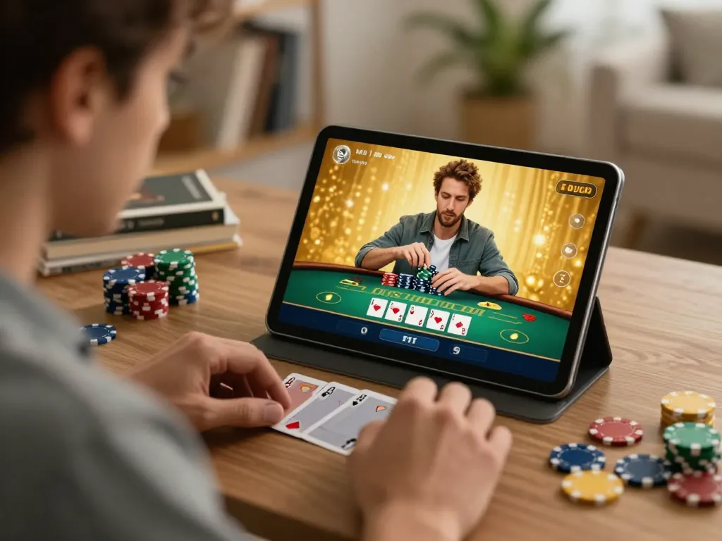 Engaged user playing blackjack on ONE88.COM tablet in a cozy home setting, showcasing strategic gaming.