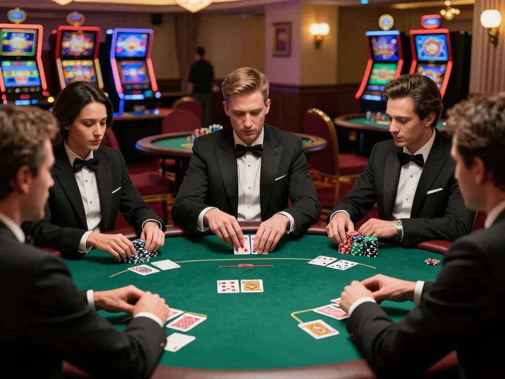 Players engaging in a thrilling poker game at a luxurious casino table, 8day strategy moments highlighted.