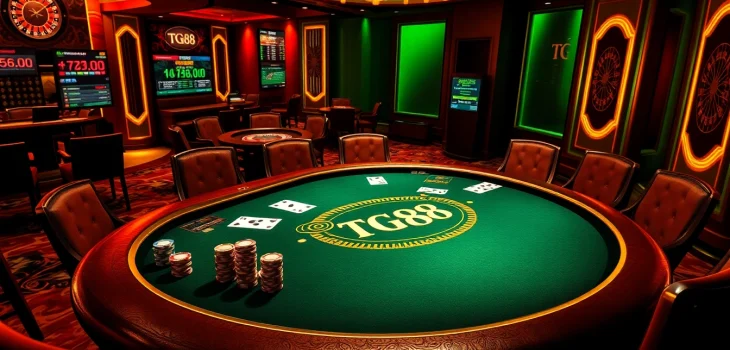 Professional players engaging in strategic TG88 blackjack game with vibrant chips and cards