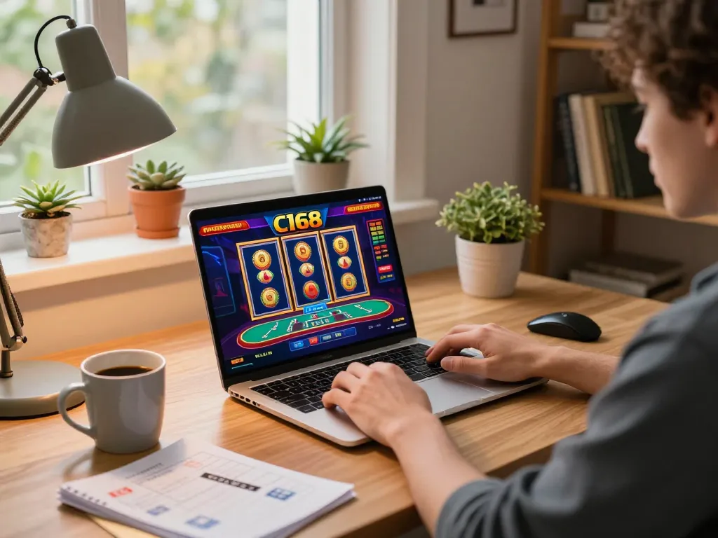 C168: Engaged player at home using laptop for strategic online casino gaming in a cozy setup.